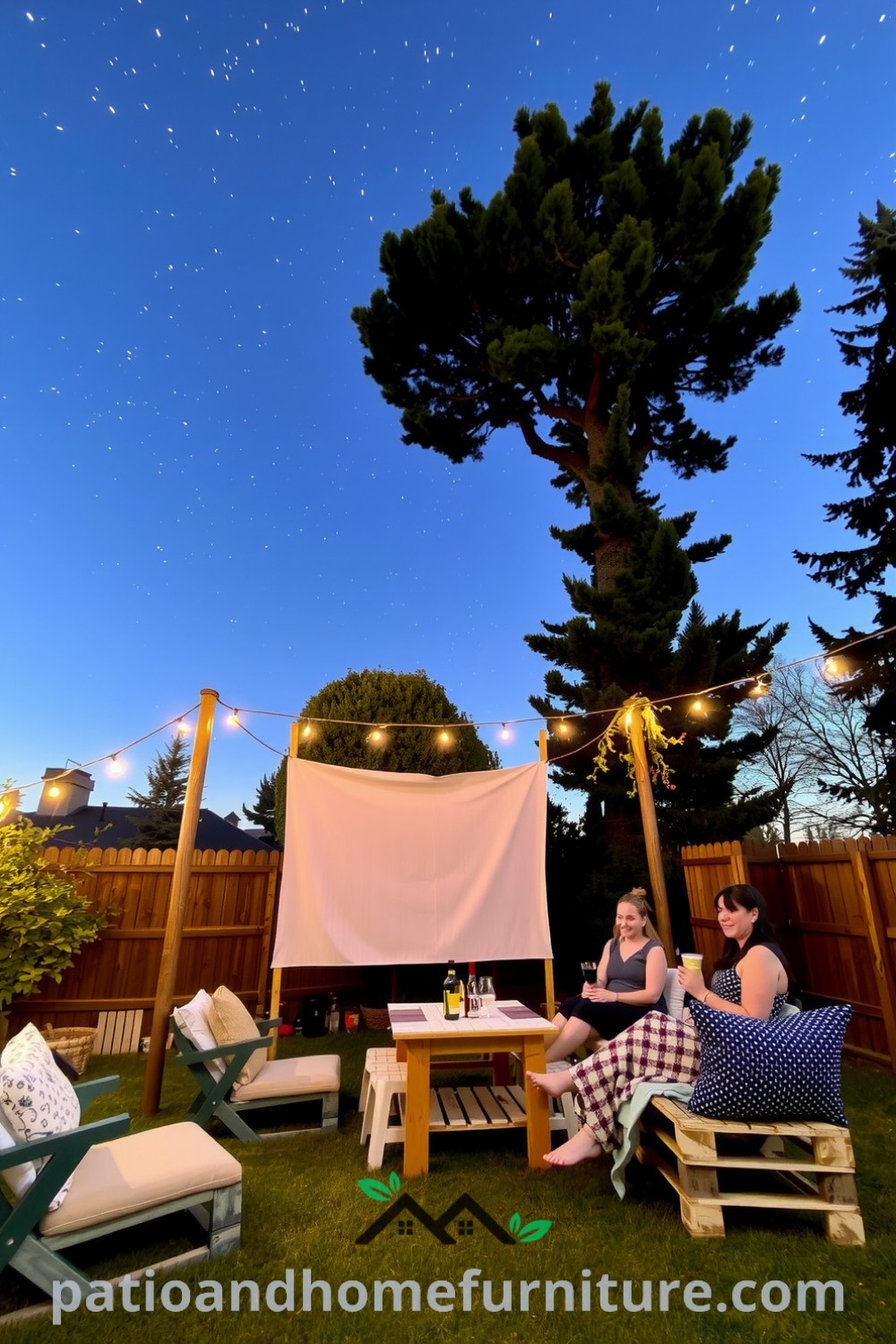 Backyard cinema setup with rustic wooden pallets for seating, adorned with cushions and blankets, framed by string lights against a starry sky, providing cozy ideas and decor inspirations for entertaining at home. Visit fireplacesandwoodstoves.com for more unique ideas.