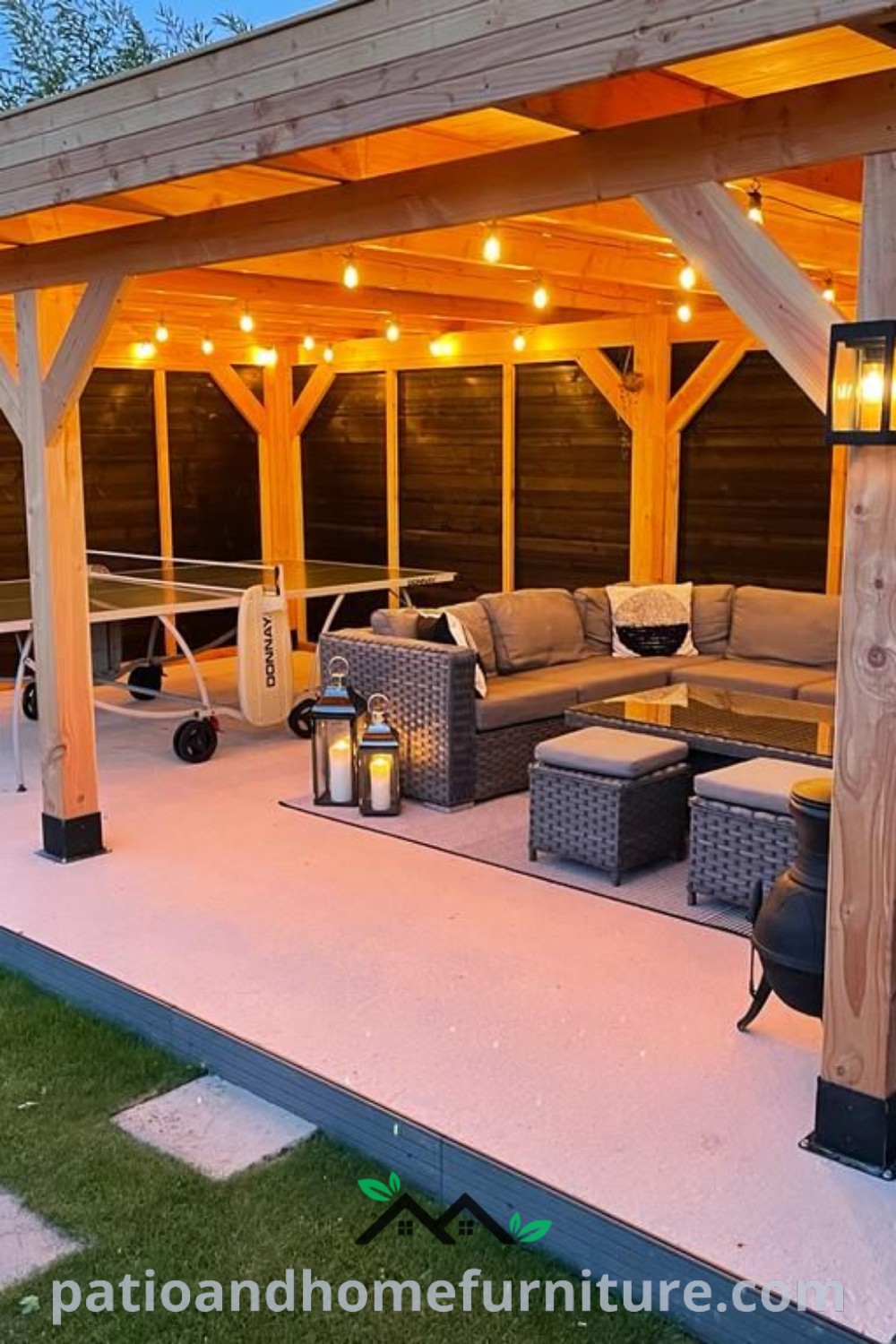 Cozy outdoor living area with patio furniture and lights under a beautiful pergola, designed for relaxation and social gatherings, showcasing unique decor ideas and inspirations from wellnesswink.com.