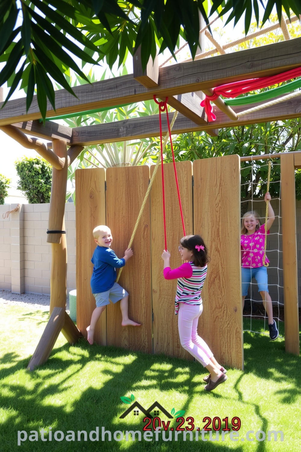 Backyard playground with colorful climbing structures, including weathered wooden beams and vibrant ropes, inviting kids to explore and play, creating a joyful and safe atmosphere for outdoor adventures, featuring cozy ideas for home design inspirations at fireplacesandwoodstoves.com.