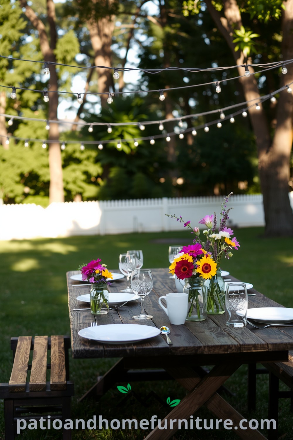 Cozy backyard dinner setup with string lights, a weathered wooden table adorned with white dinnerware and wildflowers, evoking a charming atmosphere for gatherings with friends and family, featuring design ideas and inspirations for a cozy home at fireplacesandwoodstoves.com.