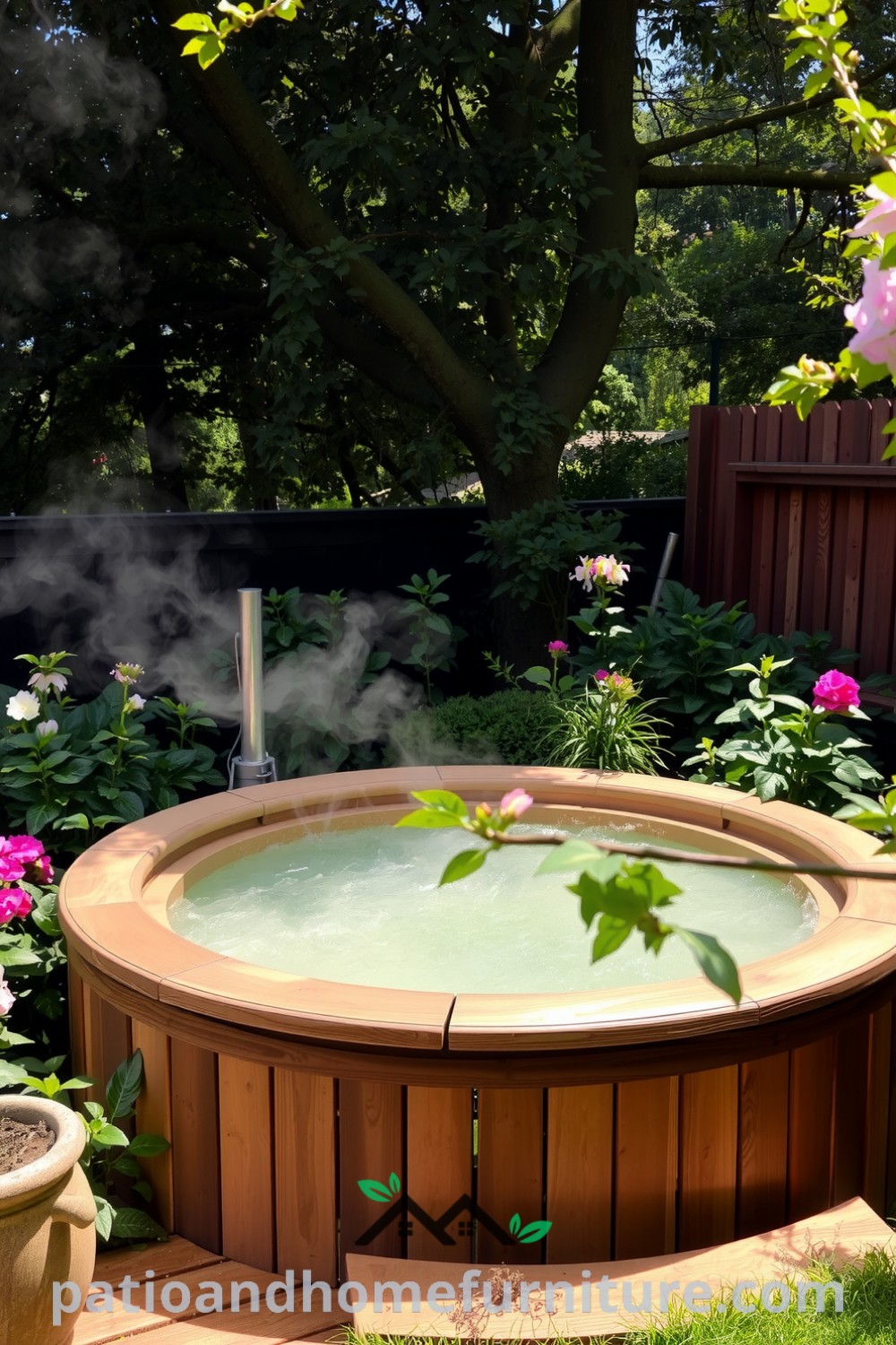 Cozy wooden hot tub surrounded by lush greenery and vibrant flowers in a tranquil garden setting, with steam rising and dappled sunlight filtering through leaves, showcasing cozy ideas for a relaxing home retreat at fireplacesandwoodstoves.com.