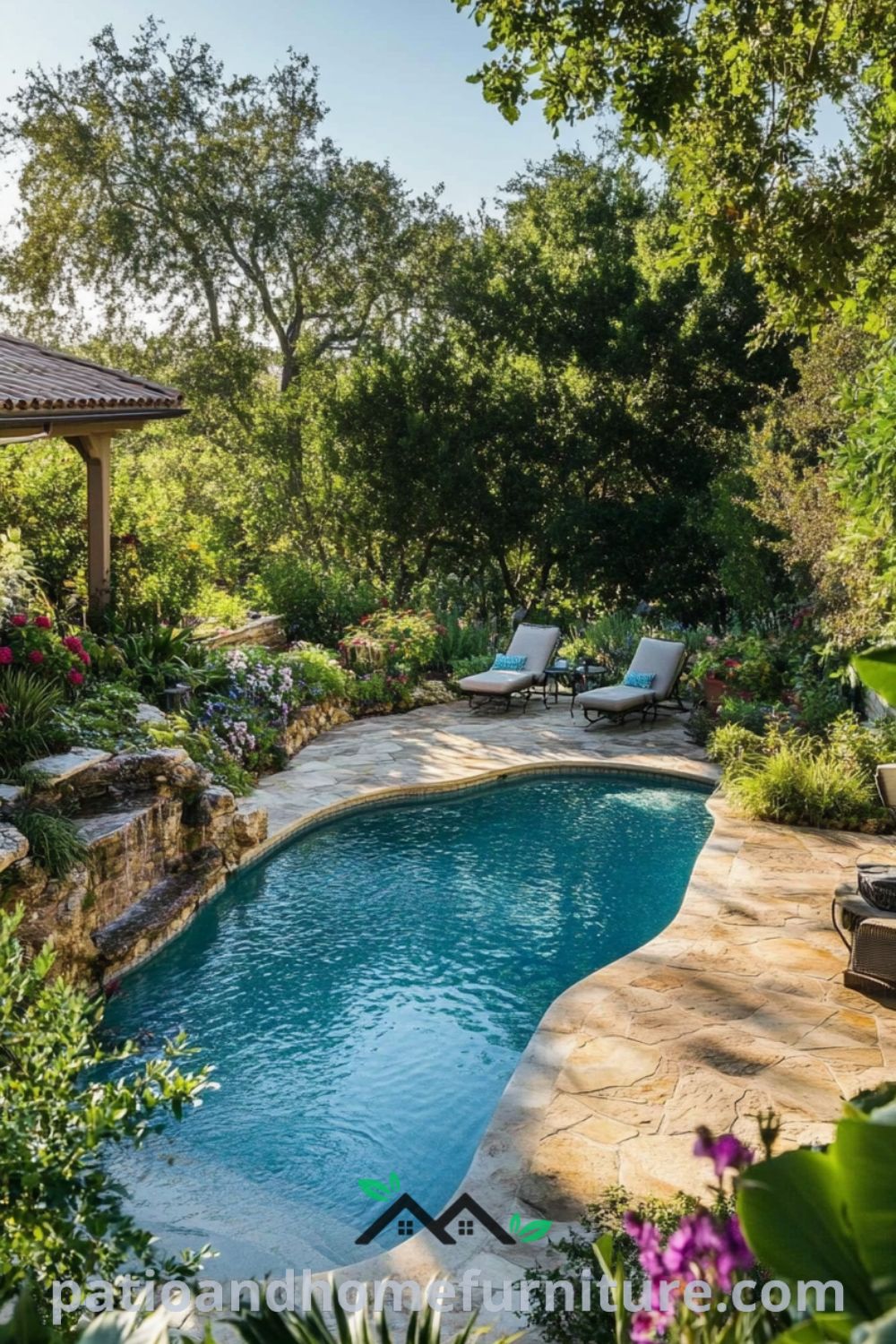 Inviting backyard oasis design from patioandhomefurniture.com with a luxurious pool, cozy fire pit, lush landscaping, and tropical touches for an outdoor living space.