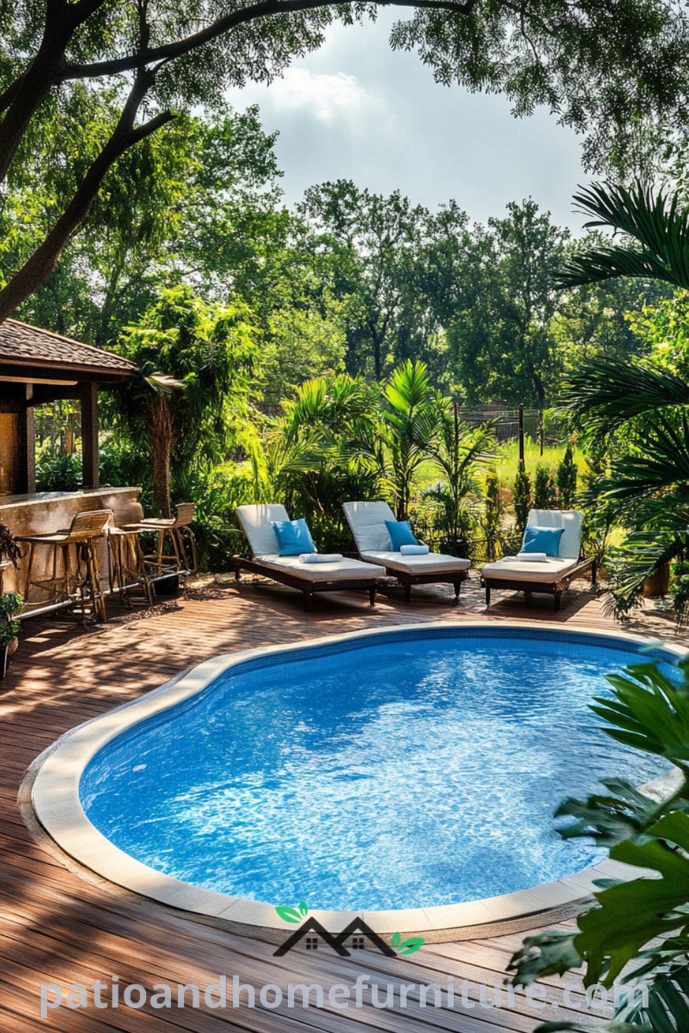 Elegant above ground pool oasis with wooden deck and bar area from patioandhomefurniture.com, featuring beautiful plants, cozy lounge chairs, and inviting decor ideas for your backyard oasis above ground pool.