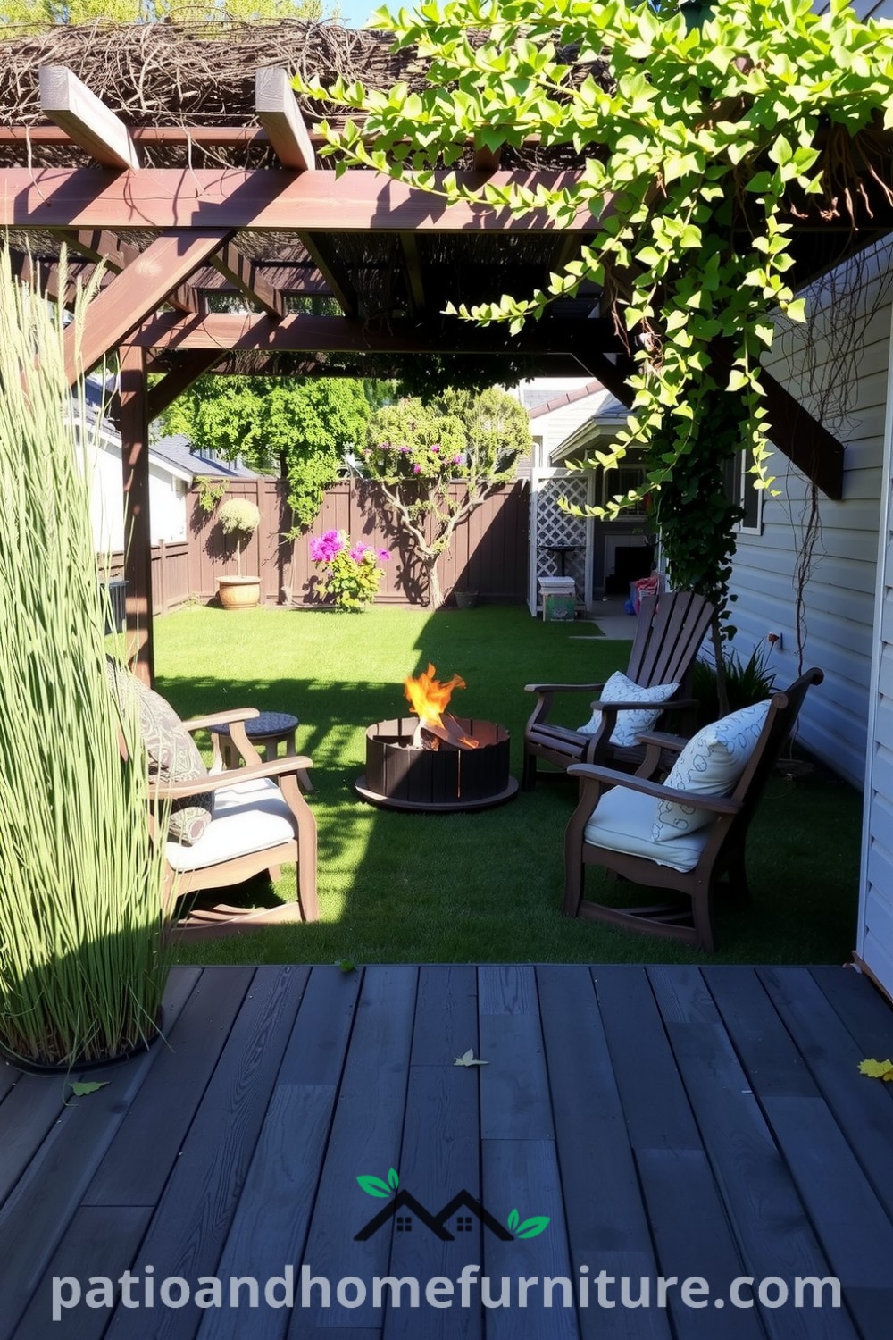 Backyard retreat featuring a weathered wooden deck, rustic fire pit, and mismatched chairs amidst tall grasses and vines, offering cozy ideas for relaxation and inviting conversations, perfect for inspiring decor ideas at fireplacesandwoodstoves.com.