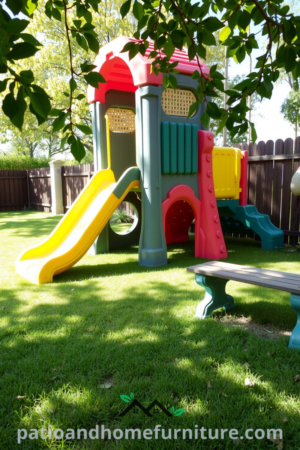A sunlit backyard featuring a vibrant modular plastic playground with climbing walls and slides, surrounded by well-trod grass and a wooden bench for parents, highlighting inviting decor ideas for a cozy home environment. Visit fireplacesandwoodstoves.com for more inspiring design ideas.