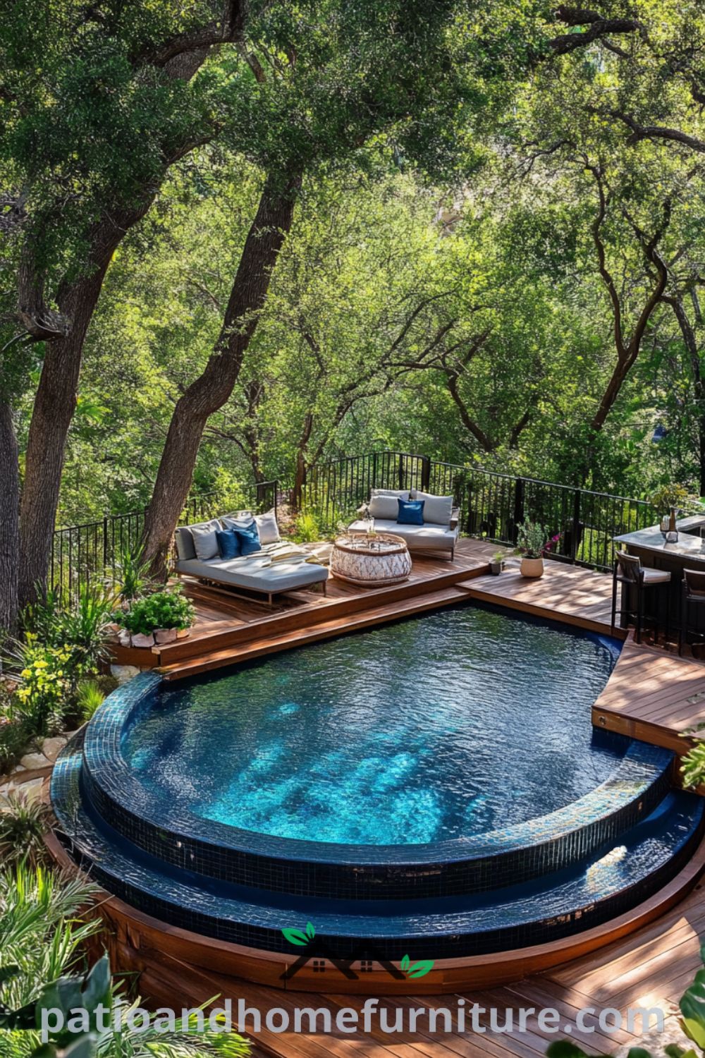 Luxurious above ground pool oasis from patioandhomefurniture.com featuring a spacious wooden deck, cozy seating areas, and a stylish bar, perfect for backyard oasis above ground pool designs and affordable pool ideas backyard.