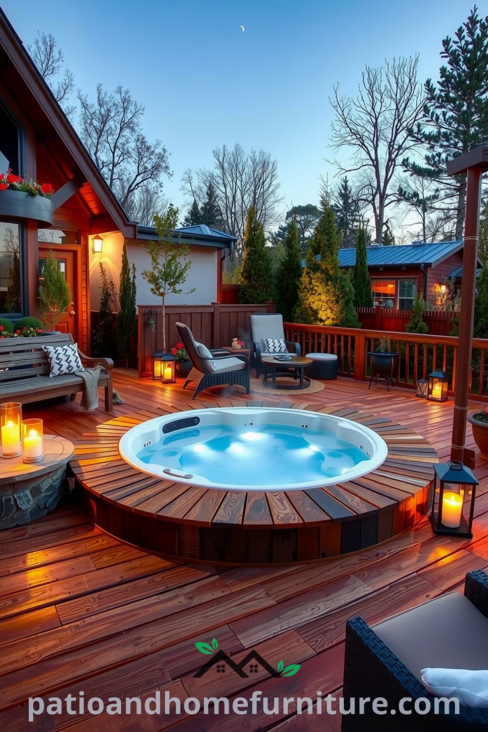 Cozy hot tub integrated into a wooden deck, surrounded by greenery and warm lanterns, creating a serene outdoor retreat, perfect for relaxation under the stars, featuring design ideas from fireplacesandwoodstoves.com.