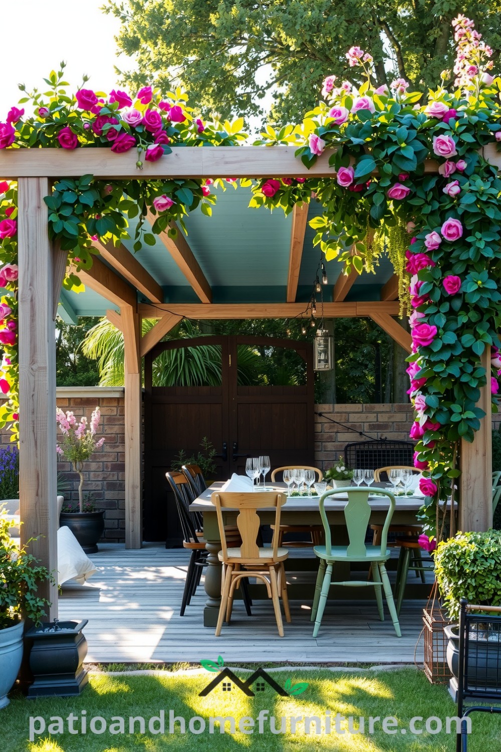 A cozy floral pergola in a backyard adorned with climbing roses and jasmine, featuring a rustic table surrounded by mismatched chairs, illuminated by fairy lights, showcasing decor ideas for an inviting outdoor gathering at fireplacesandwoodstoves.com.
