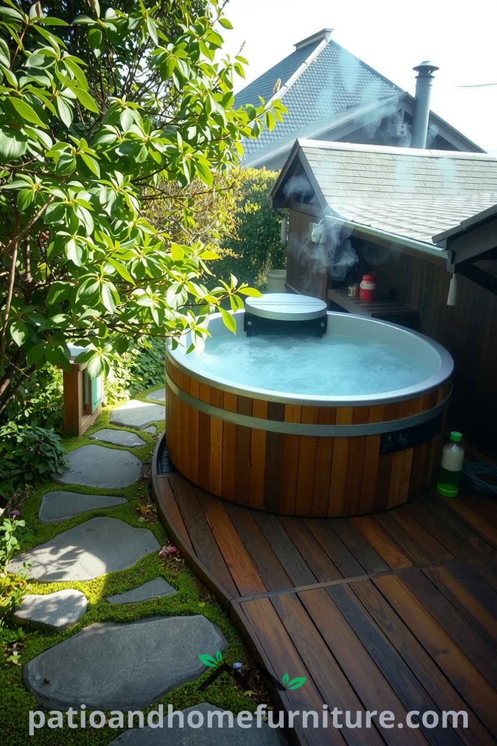 Japanese soaking hot tub on a wooden deck surrounded by lush greenery, with dappled sunlight reflecting off the water and steam rising gently, creating a cozy and inviting atmosphere for a serene retreat, featuring unique decor ideas for your home at fireplacesandwoodstoves.com.