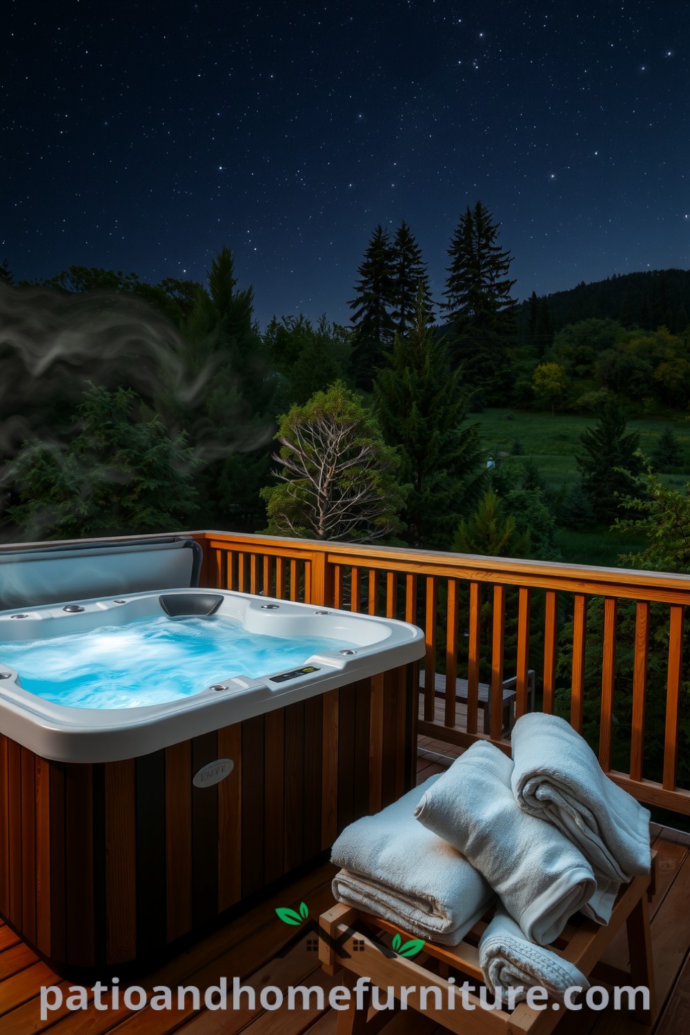 Cozy hot tub on a wooden deck under the starlit sky, surrounded by greenery, with steam rising and plush towels nearby, creating a tranquil atmosphere for relaxation, perfect for cozy home design ideas found at fireplacesandwoodstoves.com.