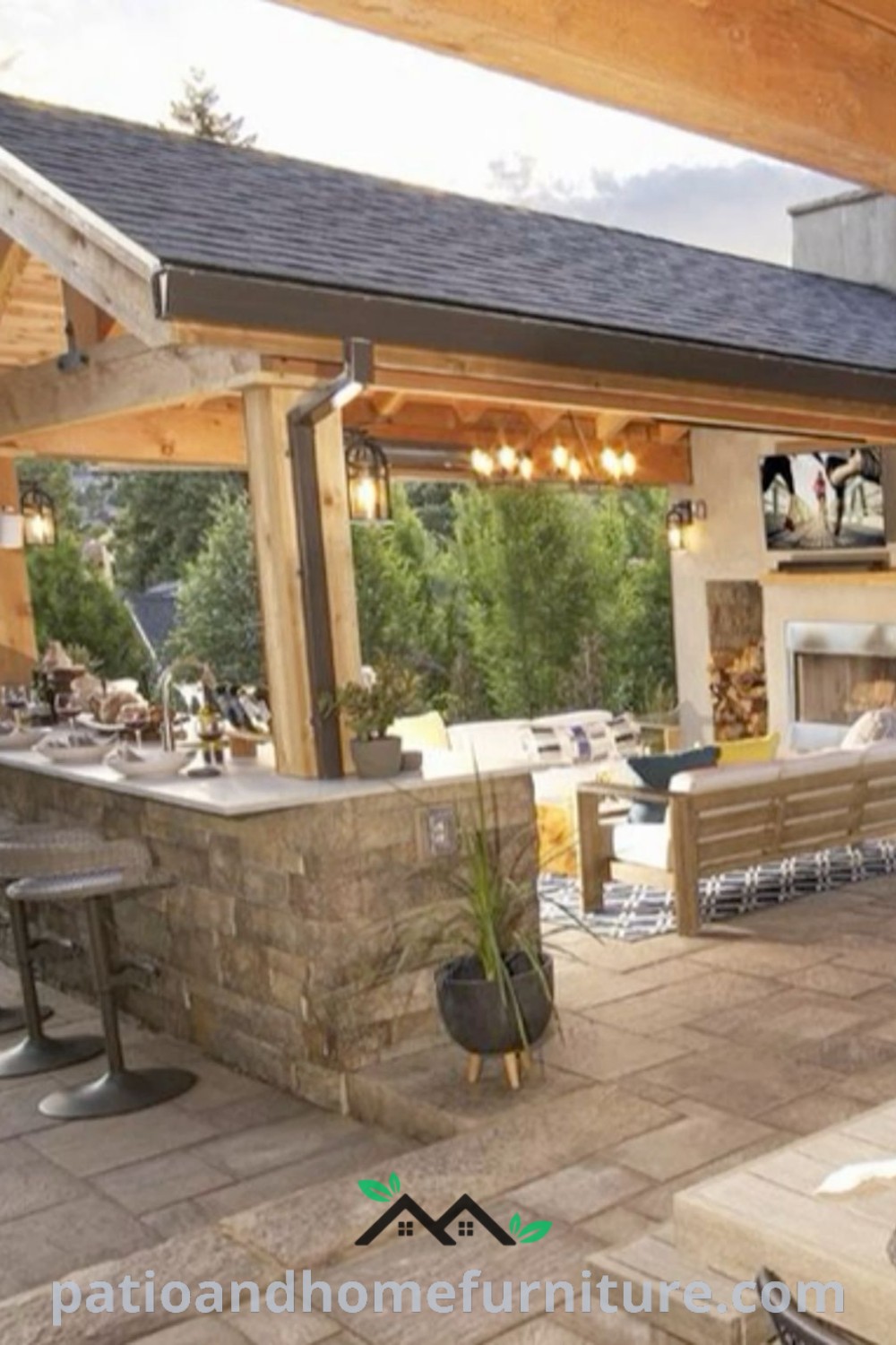 Outdoor kitchen and dining area under a pergola, showcasing cozy design ideas and inviting decor for outdoor gatherings, perfect for enhancing home aesthetics, available at wellnesswink.com.