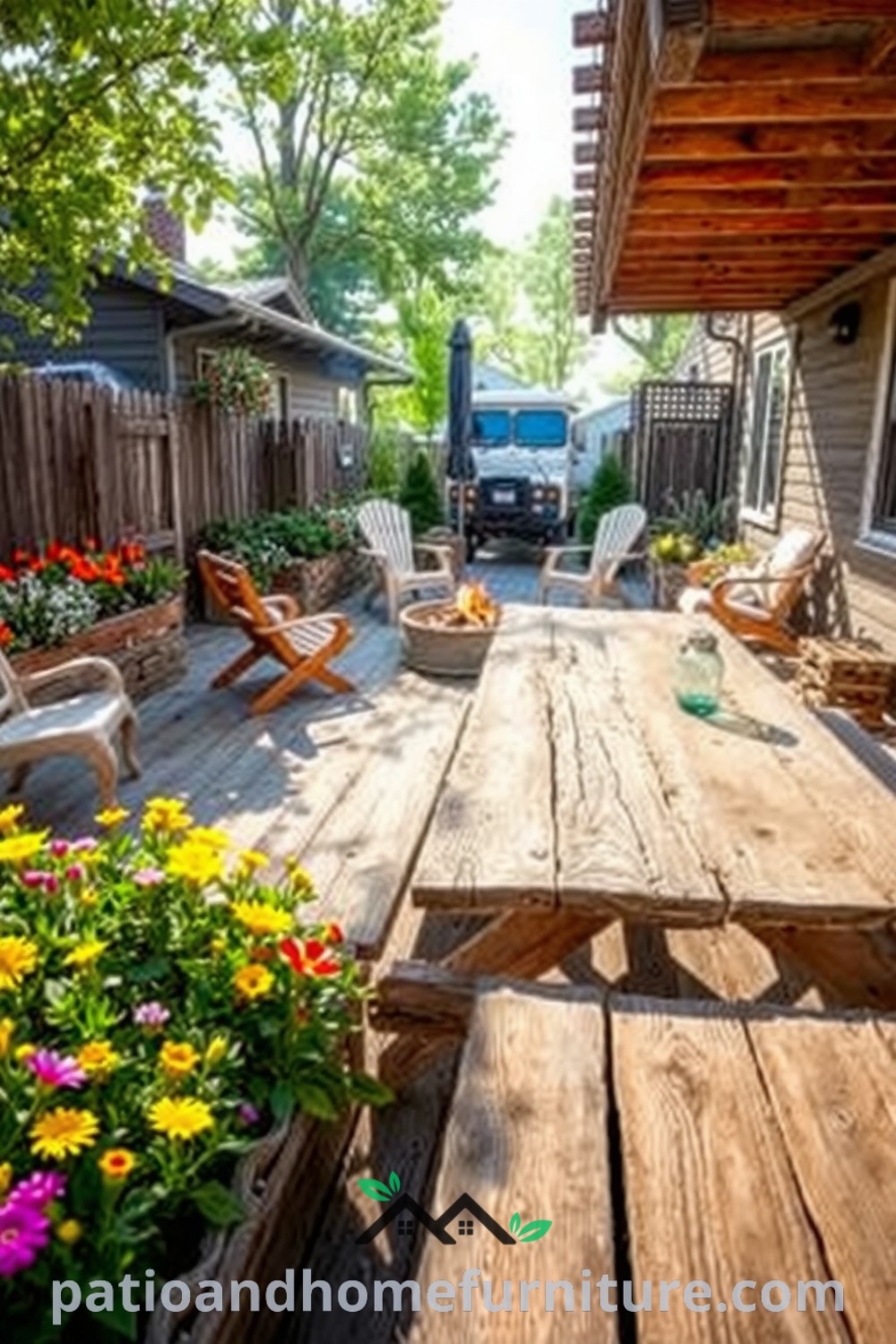 Backyard with weathered wooden decking, vibrant flower beds, a rustic fire pit with mismatched chairs, and a sturdy picnic table, creating a cozy and inviting atmosphere for gatherings, showcasing inspiring decor ideas for your home on fireplacesandwoodstoves.com.