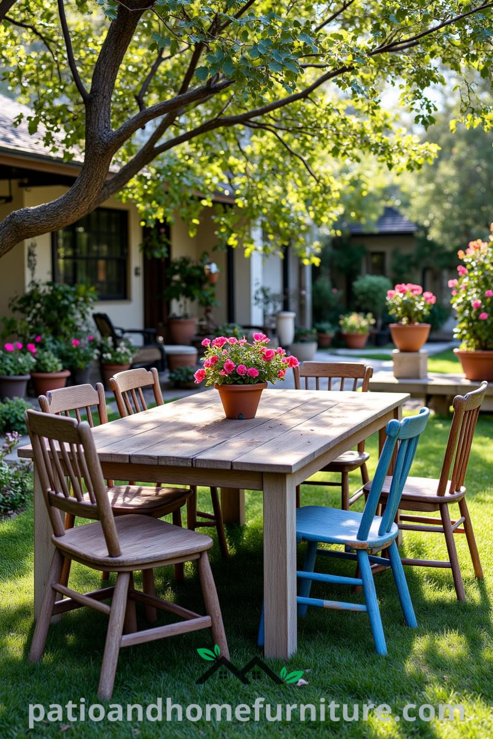 Cozy backyard dining setup featuring a weathered wooden table surrounded by mismatched chairs, dappled sunlight filtering through trees, and vibrant potted plants, offering inspiring decor ideas for your home at fireplacesandwoodstoves.com.