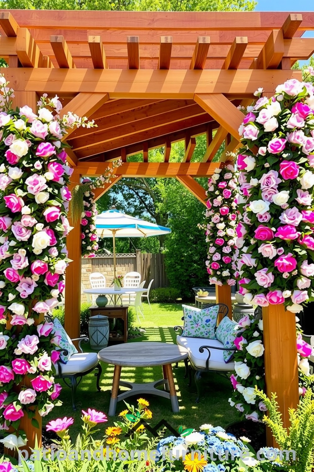 Floral vinyl pergola surrounded by vibrant blooms and rustic furniture in a sun-drenched garden, creating a cozy outdoor retreat with inspiring decor ideas for your home at fireplacesandwoodstoves.com.