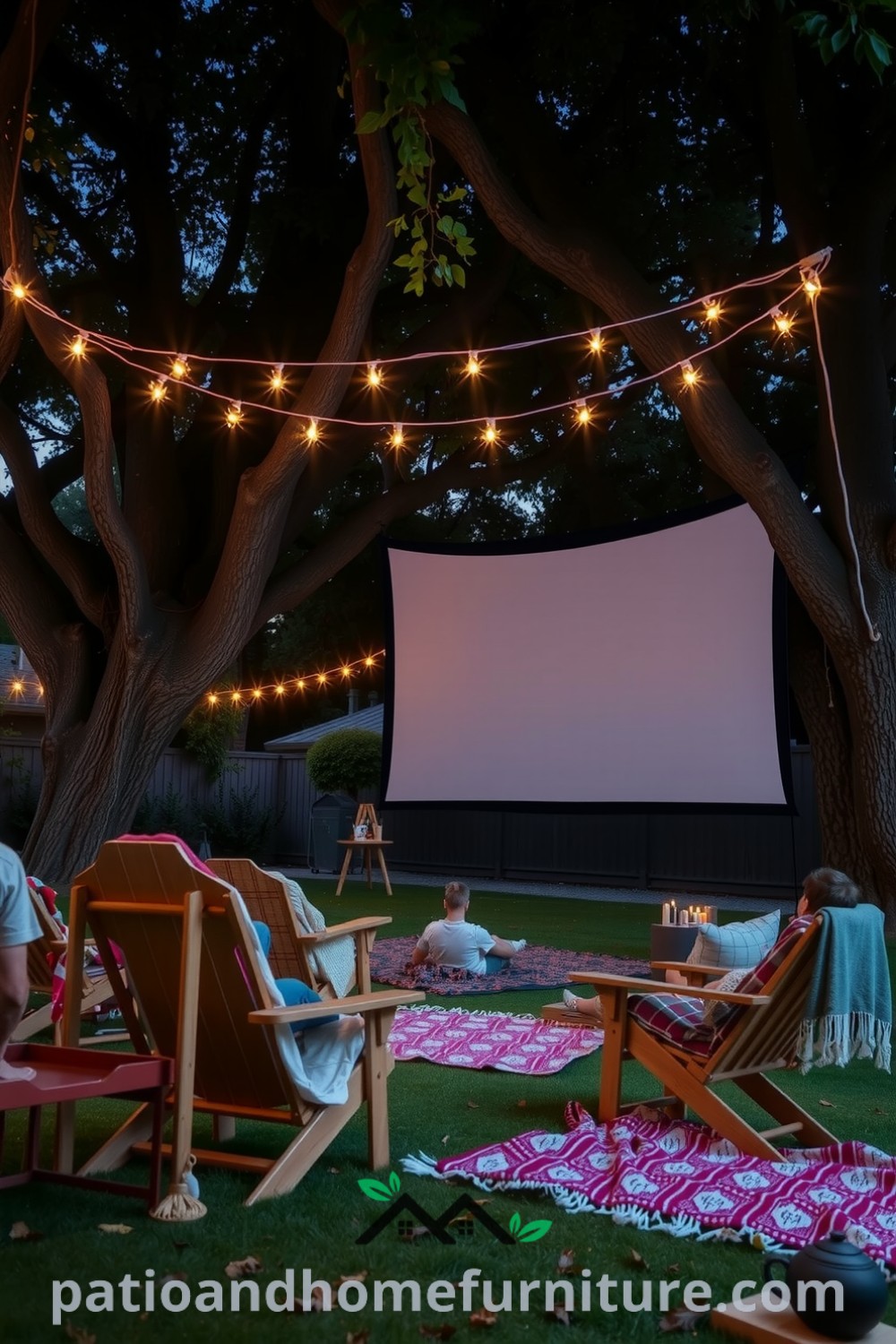 Backyard cinema setup with a large white screen between two trees, mismatched lawn chairs, blankets, and fairy lights creating a magical ambiance, evoking cozy ideas for home gatherings from fireplacesandwoodstoves.com.