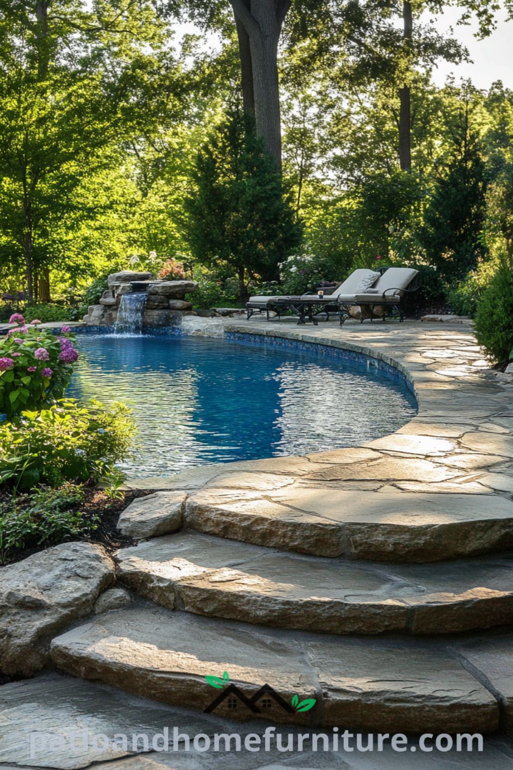 Serene backyard oasis design featuring an inground pool, cozy fire pit, and lush landscaping from patioandhomefurniture.com with pool landscaping, outdoor ideas with pool, and modern pool design.