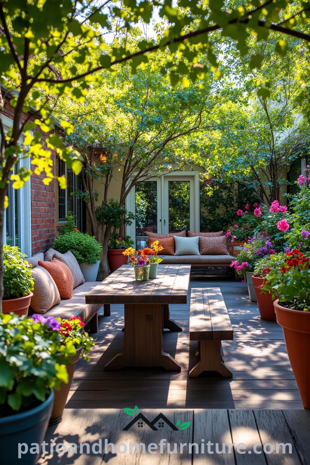 Cozy backyard gathering space with a wooden deck surrounded by greenery, a reclaimed wood table, comfortable earthy-toned cushions, bright flowerpots, and soft ambient lighting, perfect for memorable moments under the stars, offering unique ideas for your home from fireplacesandwoodstoves.com.