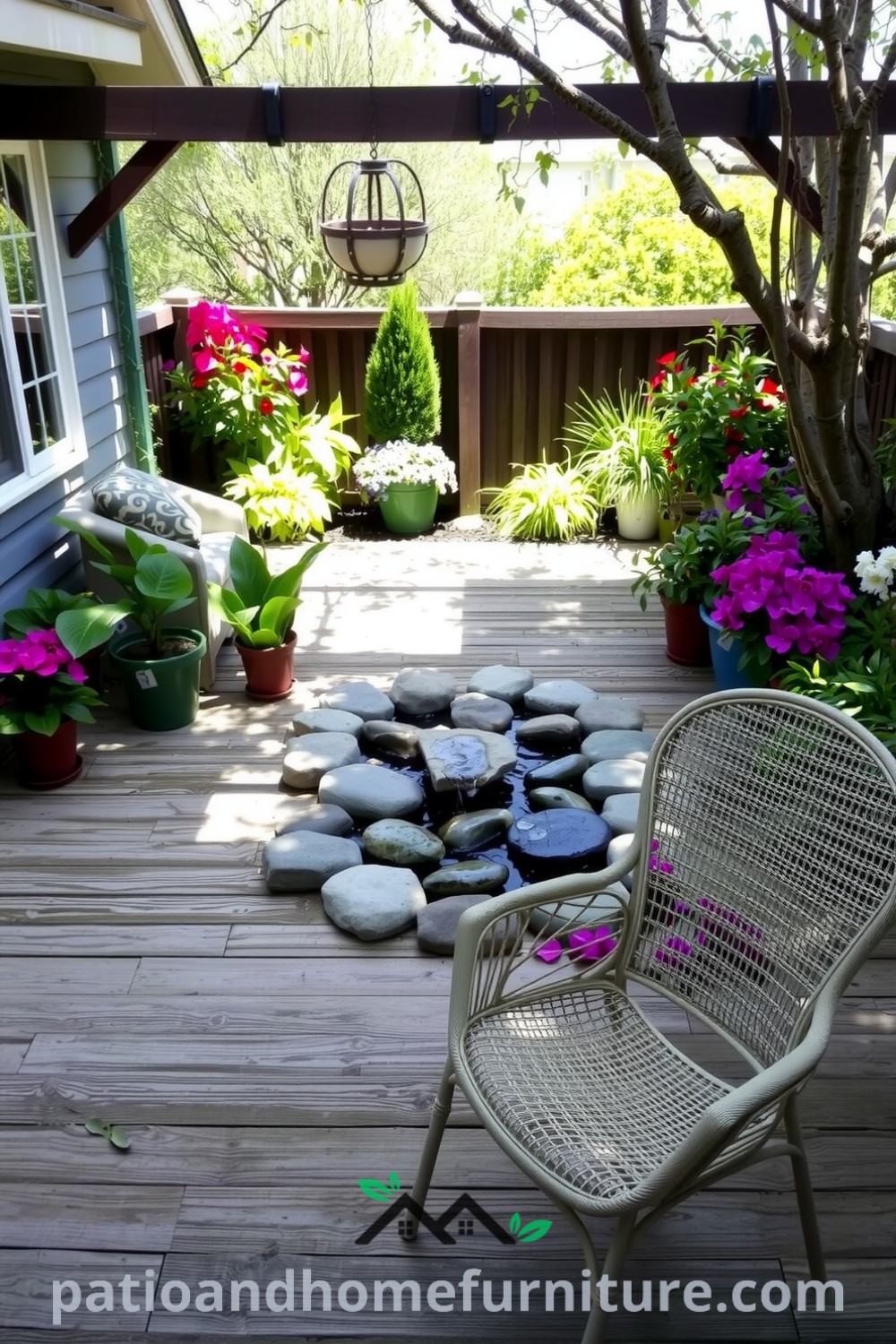 Backyard retreat featuring an aged wooden deck, a bubbling fountain surrounded by river stones, vibrant potted plants, and an inviting wicker chair, perfect for relaxation and inspiration for cozy home decor ideas at fireplacesandwoodstoves.com.