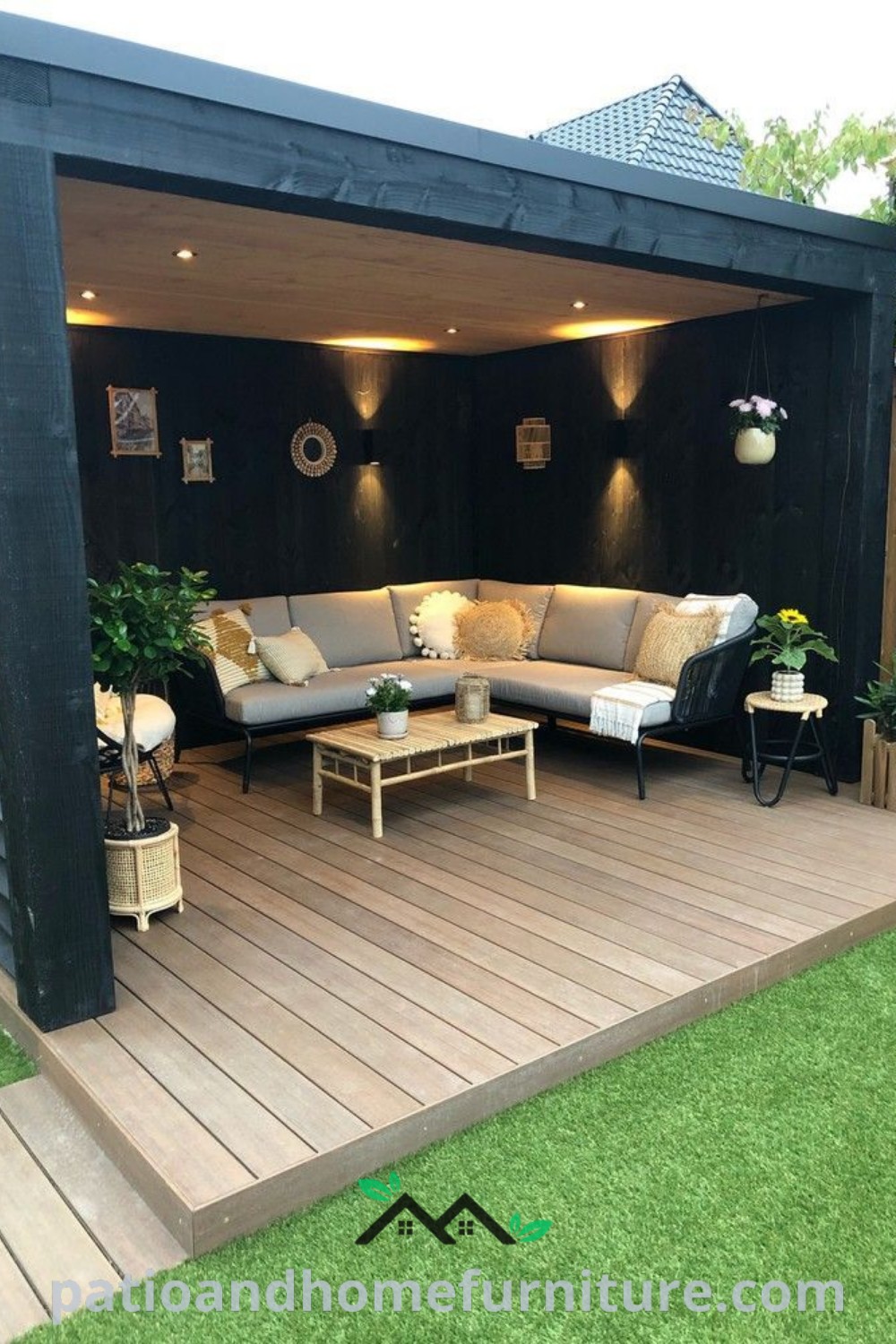 Cozy outdoor living area featuring comfortable couches, stylish tables, and vibrant plants on the decking, offering inspiring decor ideas for your home. Visit wellnesswink.com for unique ideas and design inspirations.