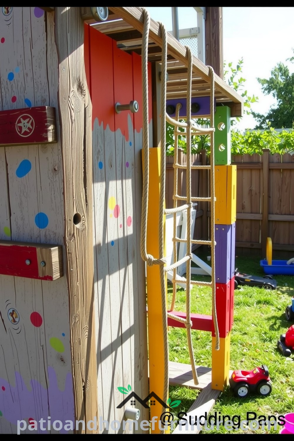 Wooden and metal climbing structure in a sunlit backyard surrounded by sun-dappled grass and scattered toys, emphasizing playful adventure and exploration, perfect for decor inspirations at fireplacesandwoodstoves.com.
