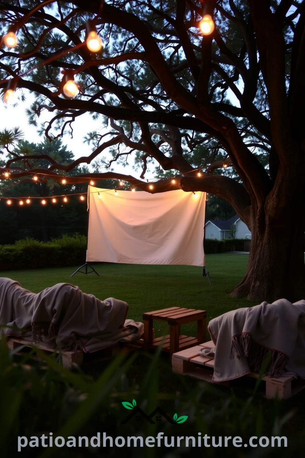 Backyard cinema beneath an oak tree with a billowing canvas screen, wooden pallets for seating, cozy blankets, twinkling string lights, and popcorn, showcasing cozy ideas and inspiring decor inspirations for your home on fireplacesandwoodstoves.com.
