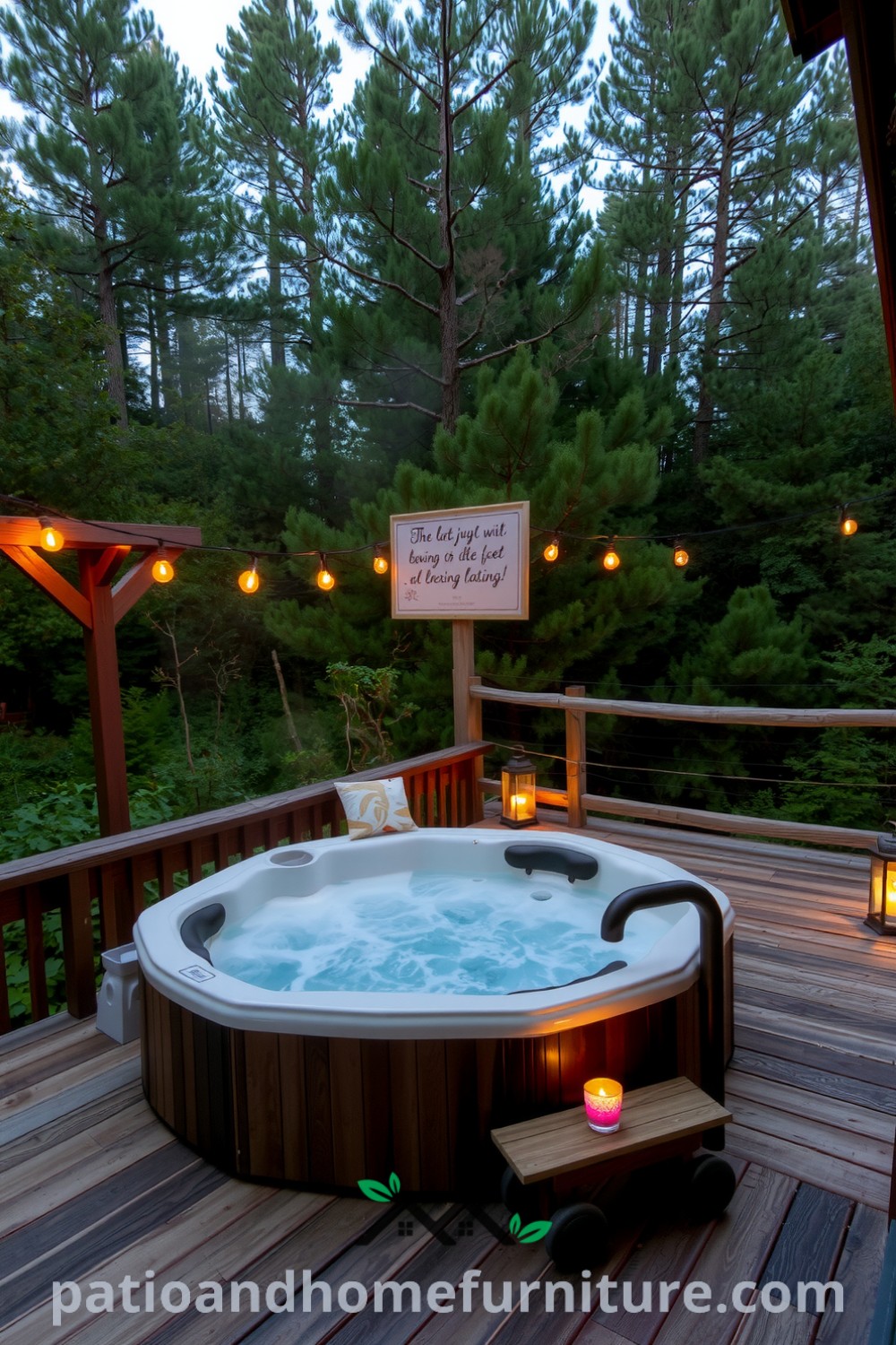Hot tub on a wooden deck surrounded by greenery, with steam rising into the evening air, illuminated by soft lanterns creating a tranquil atmosphere for relaxation under the stars. Visit fireplacesandwoodstoves.com for cozy design ideas for your home.