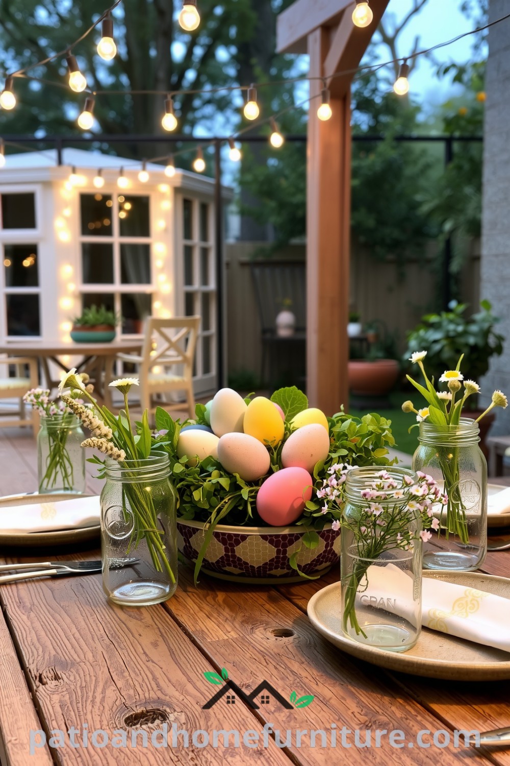 Colorful Easter eggs among fresh greenery on a rustic patio table set with handmade ceramic dishes and wildflowers in mason jars, illuminated by twinkling fairy lights, creating a cozy and inviting spring decor scene, ideal for inspiring ideas for your home, featuring unique decor ideas at fireplacesandwoodstoves.com.