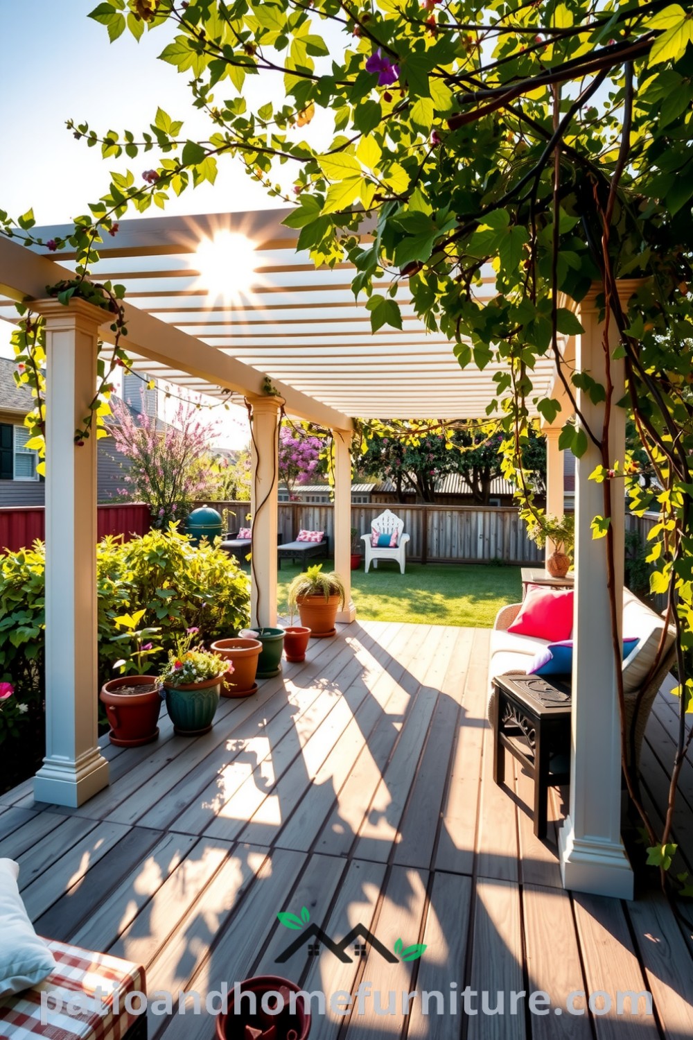 Vinyl pergola in a sunlit garden with colorful cushions and potted plants on a wooden deck, surrounded by climbing vines, creating a cozy and inviting atmosphere for relaxation and gatherings. Visit fireplacesandwoodstoves.com for more cozy ideas and decor inspirations.