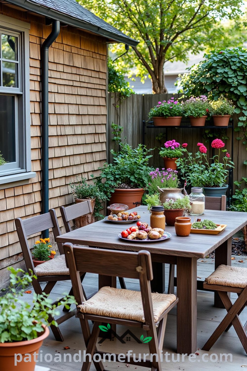 A cozy backyard with a weathered wooden picnic table, mismatched folding chairs, threadbare cushions, blooming potted herbs, and wildflowers, creating a warm atmosphere ideal for summer gatherings, featured on fireplacesandwoodstoves.com.