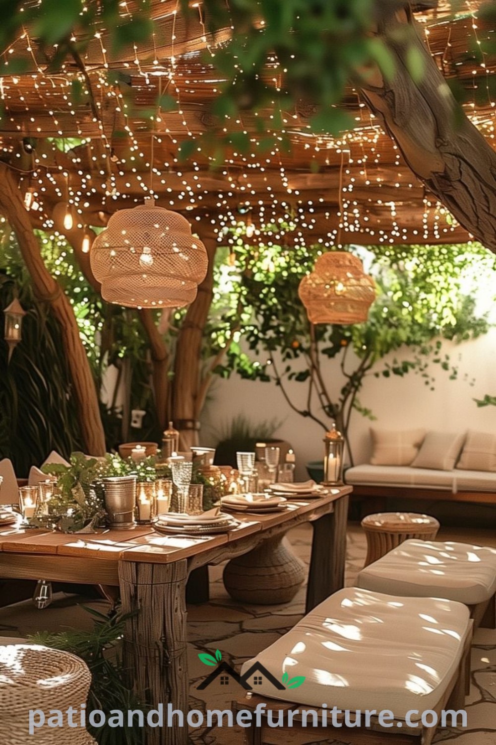 Cozy outdoor dining area with string lights and wicker lanterns creating a warm ambiance, offering inspiring decor ideas for a boho backyard dinner party at wellnesswink.com.