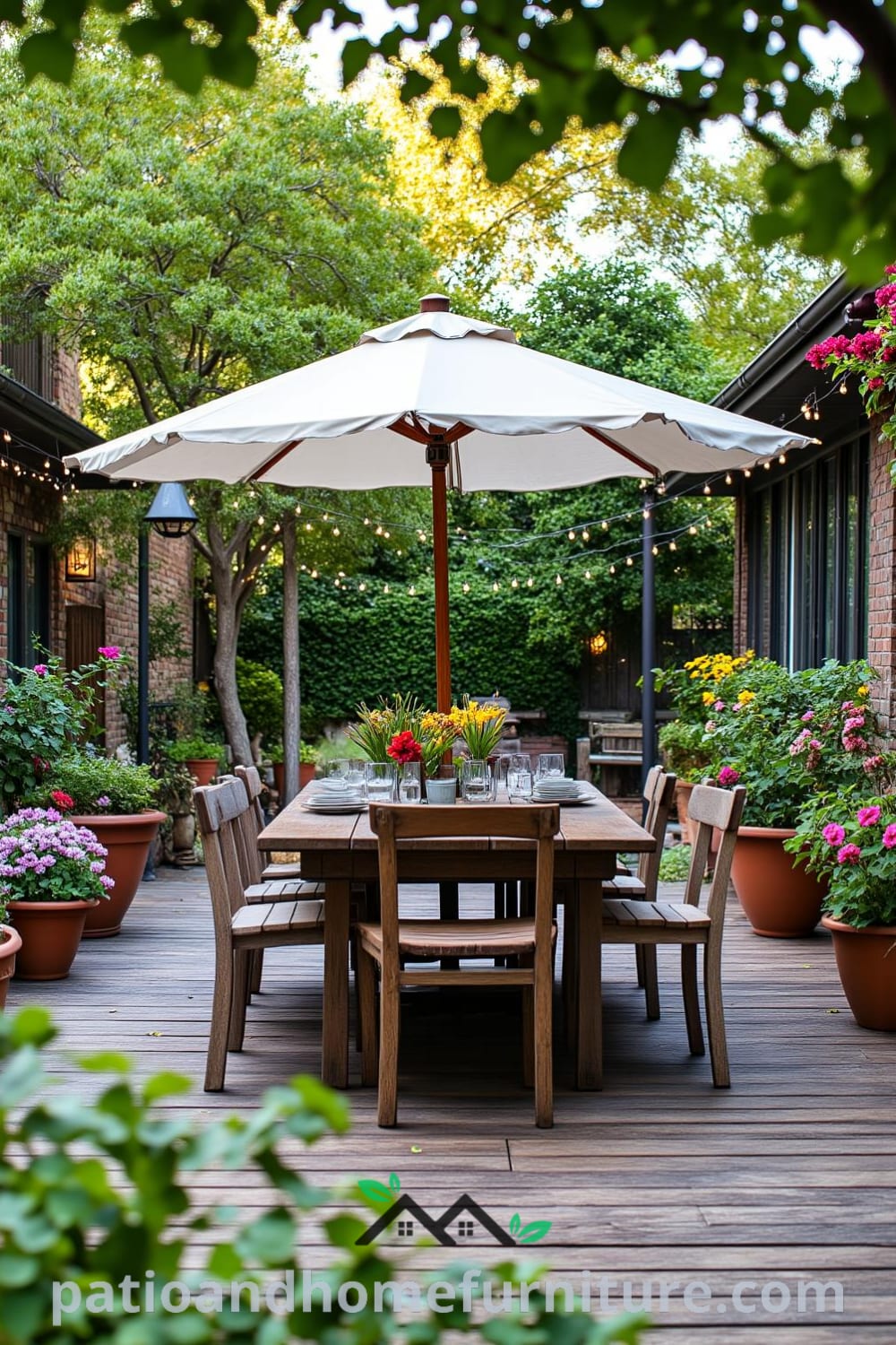Cozy backyard oasis with a wooden deck, rustic dining table, mismatched chairs, flowering plants in terracotta pots, and enchanting string lights, offering inspiring decor ideas for your home. Visit fireplacesandwoodstoves.com for unique inspirations.