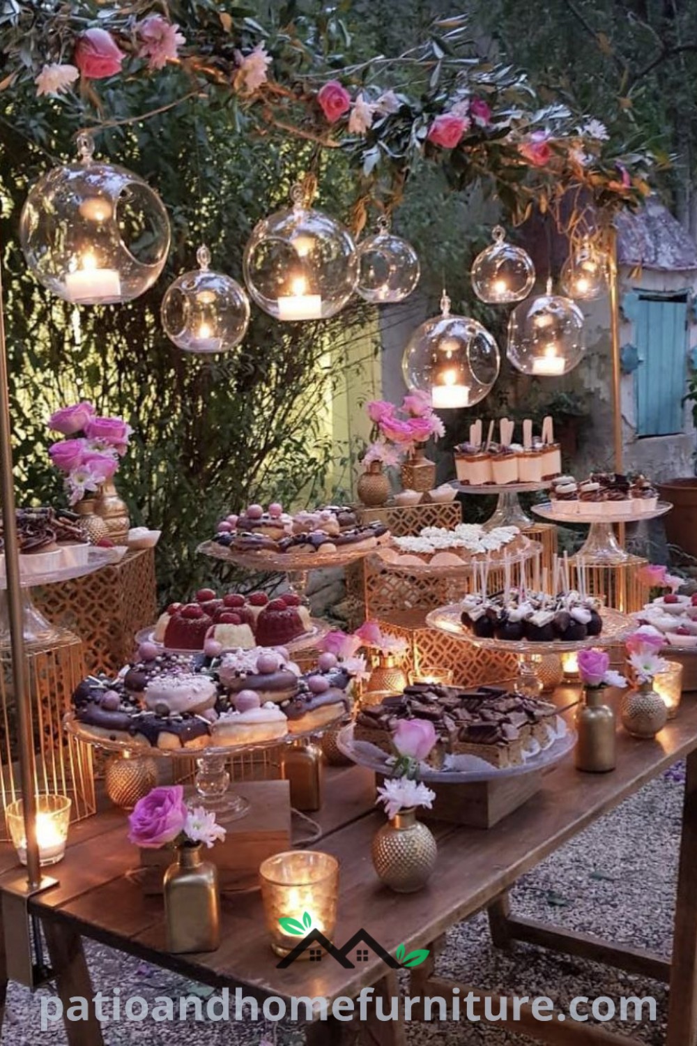 A beautifully arranged dessert table featuring an assortment of cakes and desserts, perfect for a picnic or backyard party, showcasing cozy ideas and decor inspirations for festive gatherings on wellnesswink.com.