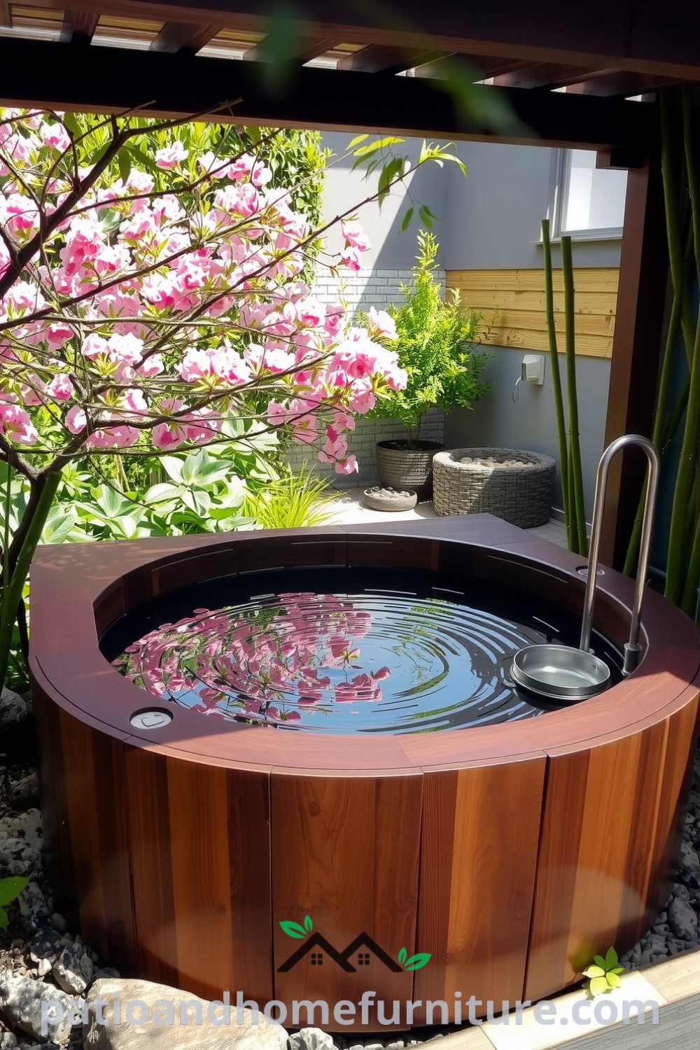 Japanese soaking hot tub in a serene garden setting, surrounded by lush greenery, stones, and a bamboo fountain, reflecting vibrant blossoms, showcasing cozy design ideas for your home at fireplacesandwoodstoves.com.