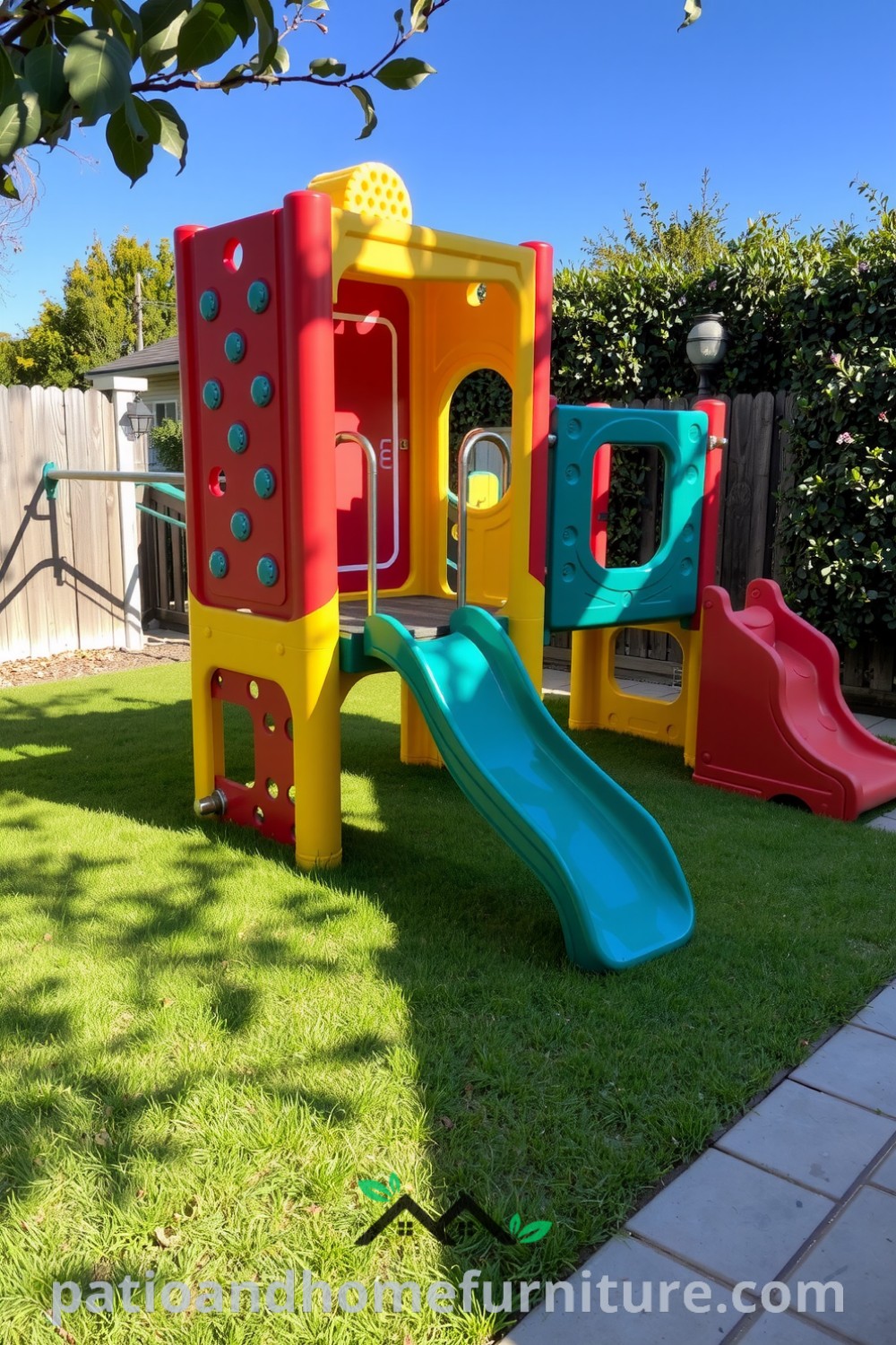 Colorful backyard modular plastic playground with climbing walls, a sturdy slide, and dappled sunlight, surrounded by green grass and shadows from a nearby tree, creating a cozy and playful atmosphere, filled with echoes of laughter—discover more cozy ideas at fireplacesandwoodstoves.com.