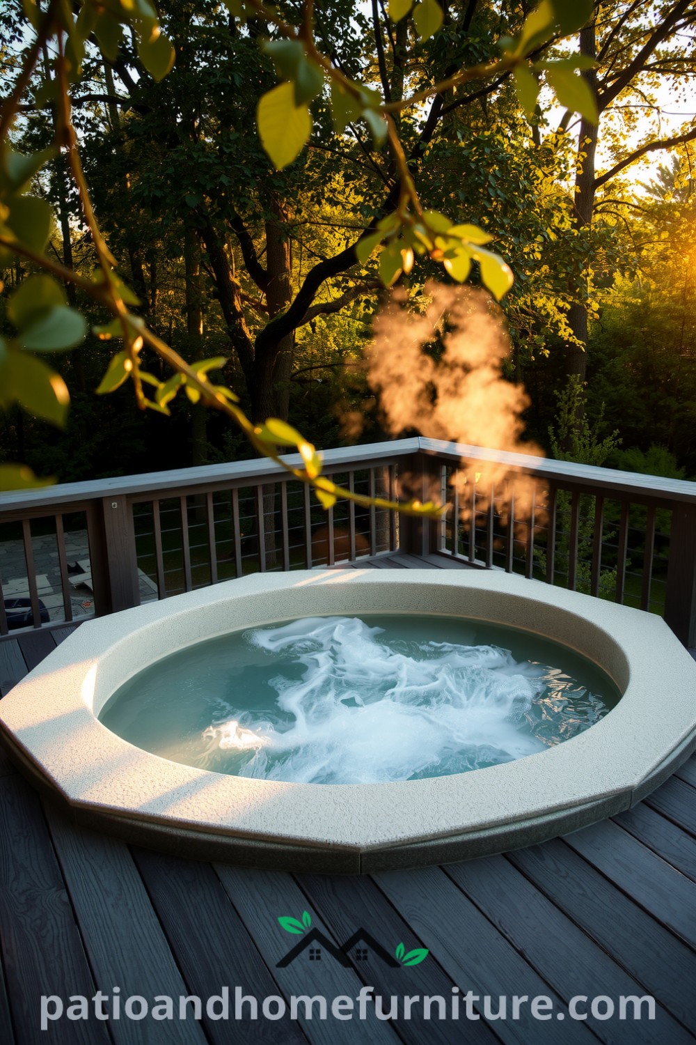 Cozy outdoor hot tub nestled among weathered wooden planks, with steam rising and evening light creating a warm ambiance, offering inspiring decor ideas for a tranquil home retreat at fireplacesandwoodstoves.com.