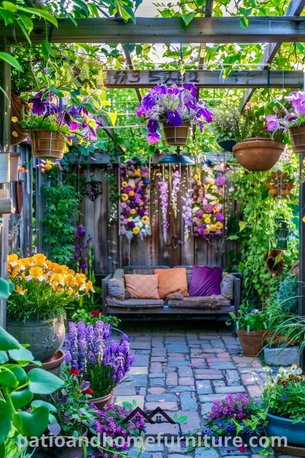 A cozy garden oasis with lush plants and flowers covering the walls, featuring a charming bench surrounded by potted plants, providing inspiring decor ideas for home gardens, as seen on wellnesswink.com.