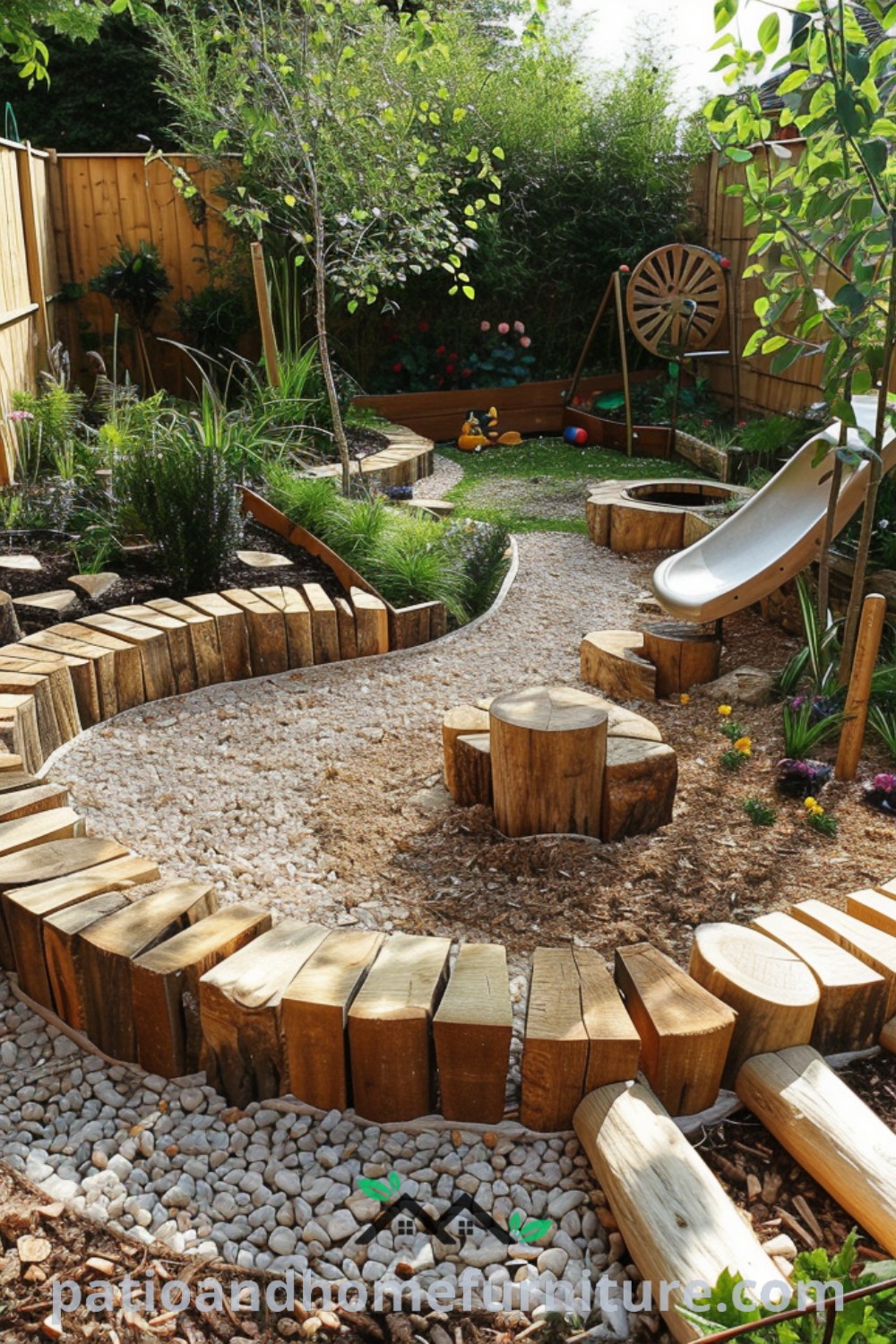 A charming outdoor play area in a garden with wooden steps and a slide in the center, surrounded by natural elements, seating around a tree trunk, and designed for kids