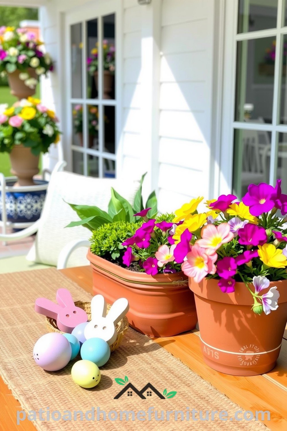 Colorful Easter patio decor featuring pastel-painted wooden eggs in a jute basket, vibrant spring blooms in terracotta pots, and a simple metal chair with a handwoven table runner, creating a cozy outdoor gathering space; for more decor inspirations, visit fireplacesandwoodstoves.com.