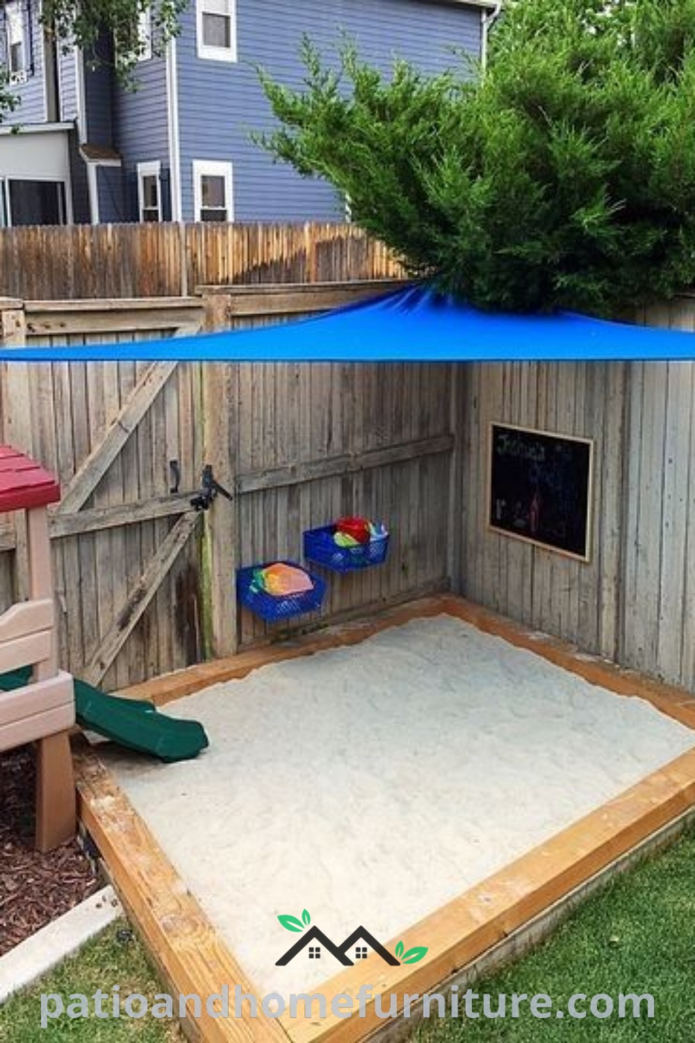 Cozy backyard scene featuring a play area with a sandbox next to a wooden fence, showcasing inviting designs and decor ideas perfect for kids, captured in a warm, engaging atmosphere on wellnesswink.com.