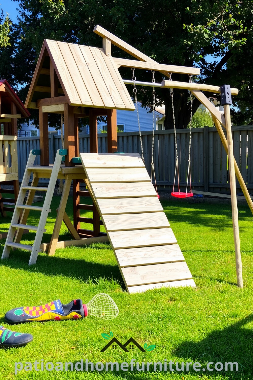 Classic wooden playset in a sunny backyard with a glistening slide, swaying swings, and a grassy area for children to play, showcasing cozy ideas for outdoor decor at fireplacesandwoodstoves.com.
