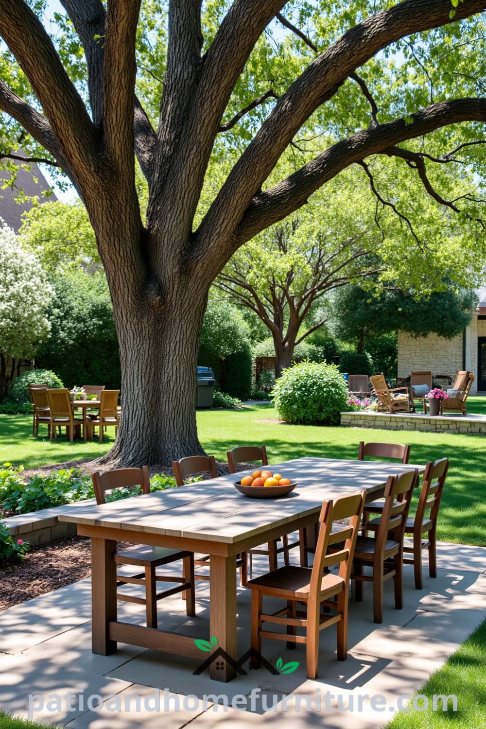 Backyard gathering area with a weathered wooden table under an oak tree and mismatched chairs, surrounded by fresh grass and blooming flowers, creating a cozy home atmosphere, perfect for leisurely afternoons and inspiring decor ideas from fireplacesandwoodstoves.com.