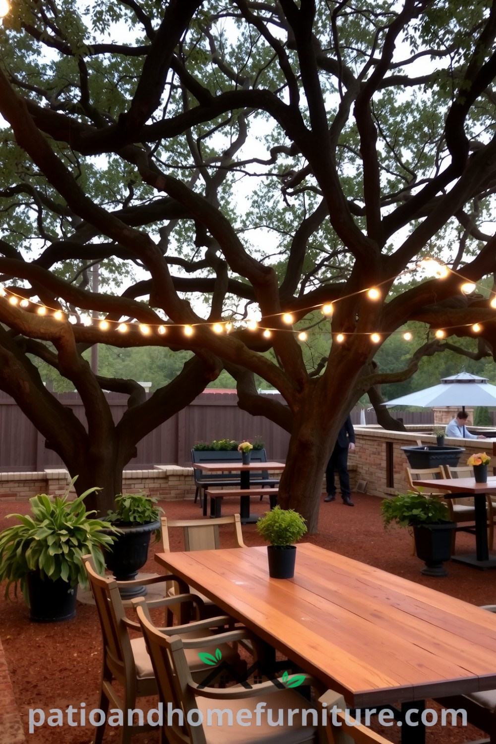 Outdoor dining area beneath oak trees with a weathered wooden table and mismatched chairs, illuminated by string lights, surrounded by fresh herbs, offering cozy ideas for creating an inviting outdoor space, inspiring decor ideas for your home at fireplacesandwoodstoves.com.