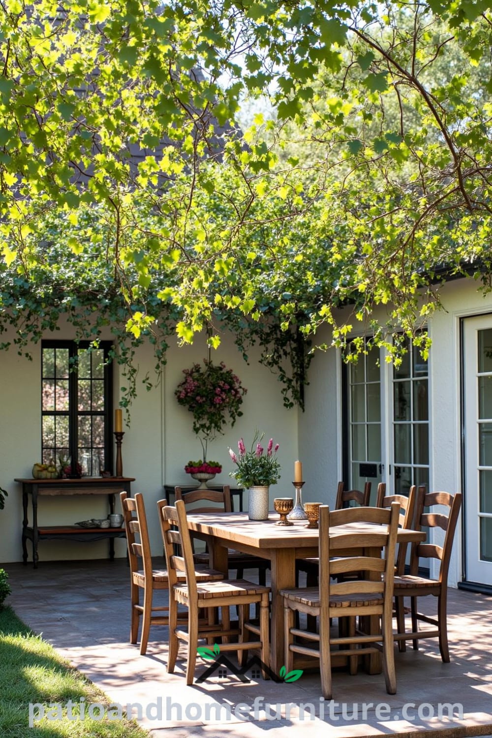 Backyard scene with a rustic wooden table and mismatched chairs surrounded by climbing vines on a trellis, dappled sunlight on the ground, and a stone fire pit, offering cozy ideas for outdoor gatherings, from fireplacesandwoodstoves.com.