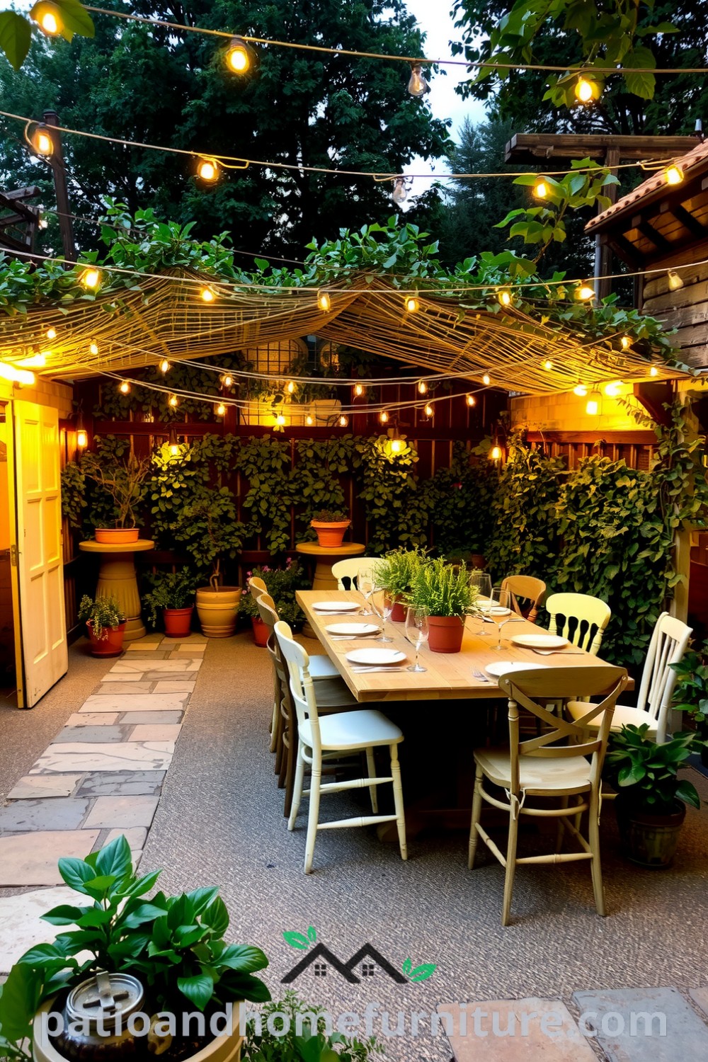 Outdoor dining area under fairy lights with a wooden table and mismatched chairs, surrounded by potted herbs and lush greenery, creating a cozy atmosphere ideal for special occasions, showcasing design ideas for a cozy home at fireplacesandwoodstoves.com.