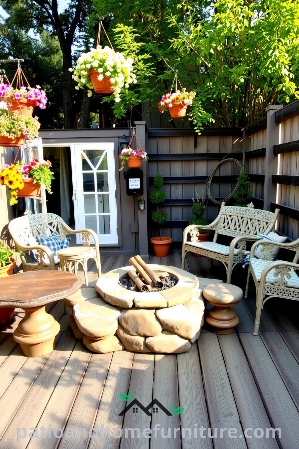 Cozy backyard retreat with a weathered wooden deck, mismatched furniture, colorful potted plants, and a stone fire pit, perfect for gatherings and stargazing, showcasing unique ideas and inspiring decor inspirations for your home from fireplacesandwoodstoves.com.