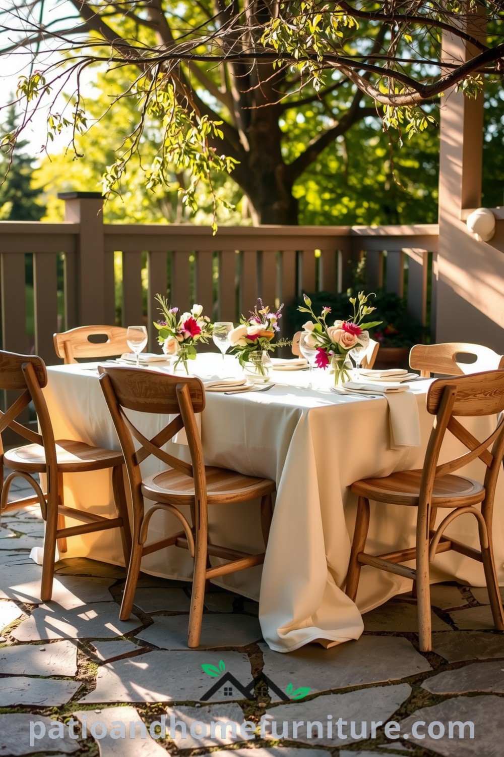 Charming outdoor patio table elegantly set with a soft linen tablecloth, rustic wooden chairs, and wildflowers in mismatched vases, illuminated by golden sunlight. Cozy ideas for your home, inspiring decor inspirations for gatherings can be found at fireplacesandwoodstoves.com.