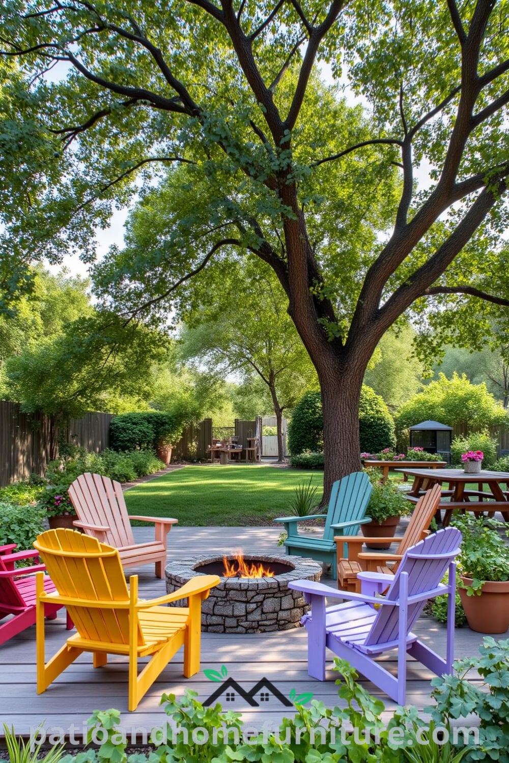 Cozy backyard scene with a circular fire pit surrounded by mismatched chairs, lush plants in terracotta pots, and a picnic table under an oak tree, showcasing inviting decor ideas for a cozy home on fireplacesandwoodstoves.com.