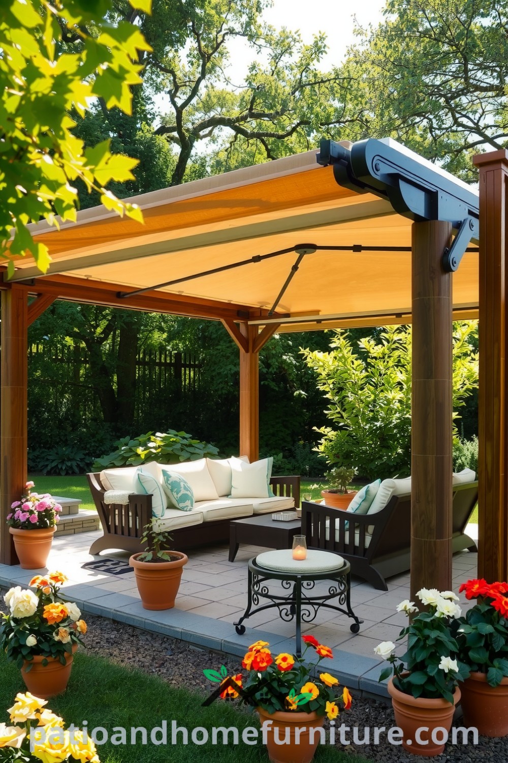 Retractable canopy pergola in a sun-drenched garden made of weathered wood, offering shade and featuring a cozy seating area surrounded by vibrant flowers in terracotta pots, providing unique ideas for decorating your cozy home, as inspired by fireplacesandwoodstoves.com.