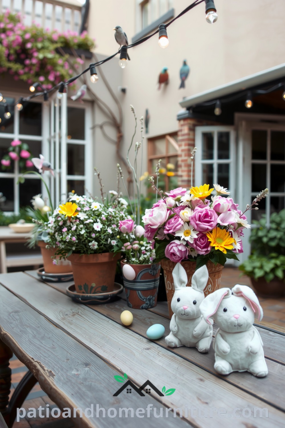 Pastel floral arrangements in terracotta pots adorn a cozy patio with twinkling lights overhead, featuring a wooden table with colorful hand-painted eggs and soft fabric bunnies, creating inviting Easter decor ideas showcased on fireplacesandwoodstoves.com.