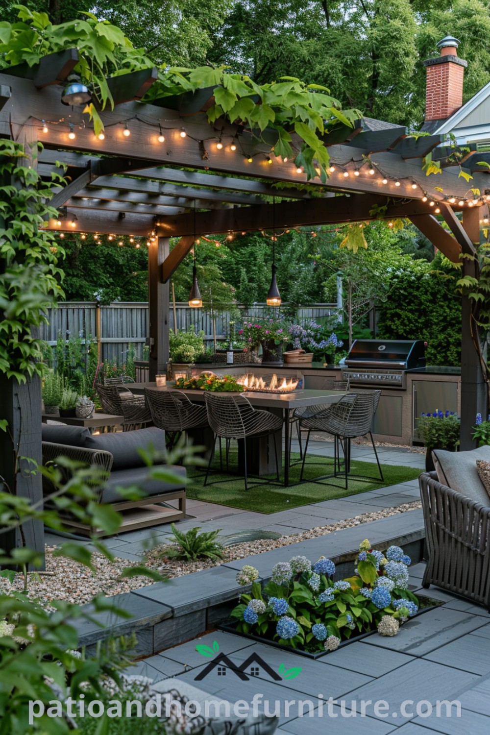 Cozy outdoor oasis featuring a dining area under a twinkling light pergola, luxurious seating, a fire pit, and gray pavers, providing inspiring decor ideas for creating a unique outdoor space. Visit wellnesswink.com for more design inspirations.